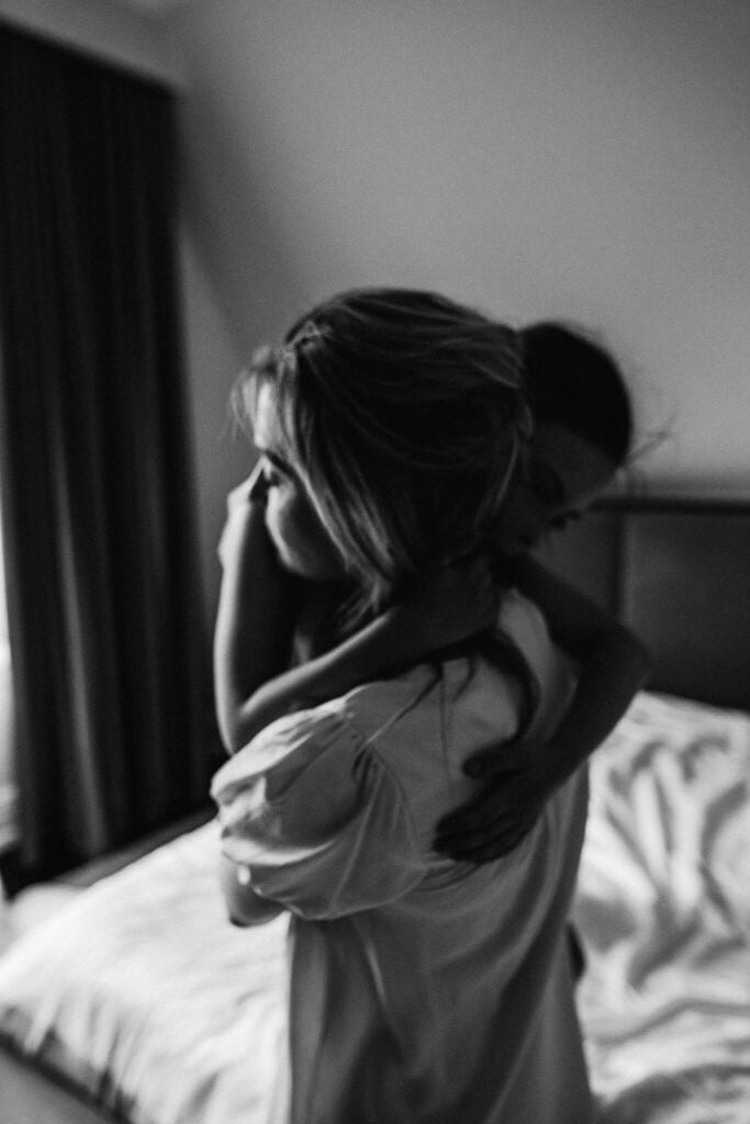 Black and white etheral image of woman holding little girl in her arms in westmount quebec